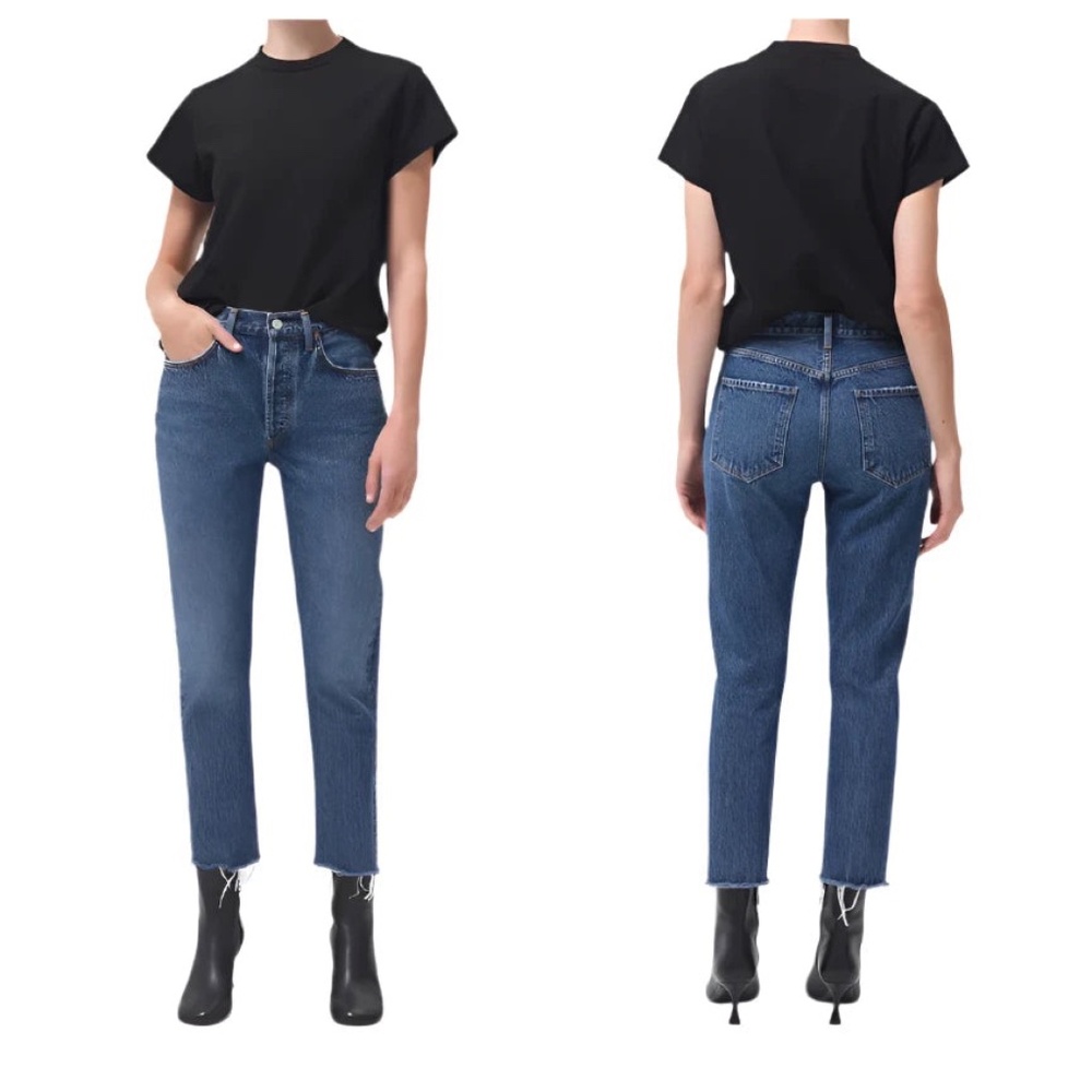 NWT AGOLDE Riley Crop Slim Straight High Rise Blue Sphere Raw Hem Sz 31 L25
